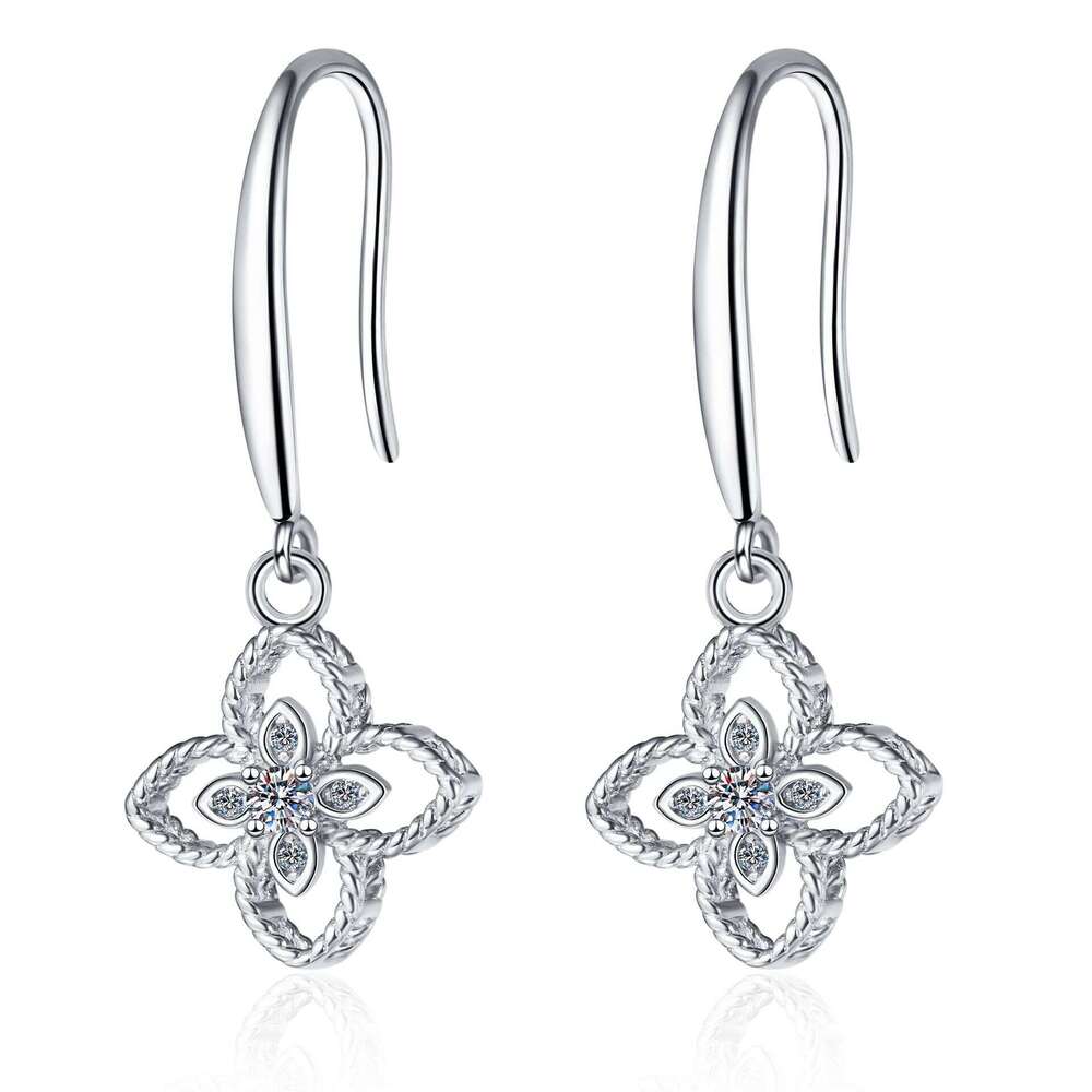 DHCollections-- Straight Sier Plated PT950 Gold Ear Hook Simple for Women 10 Points Moissanite Four-Leaf Clover Earrings