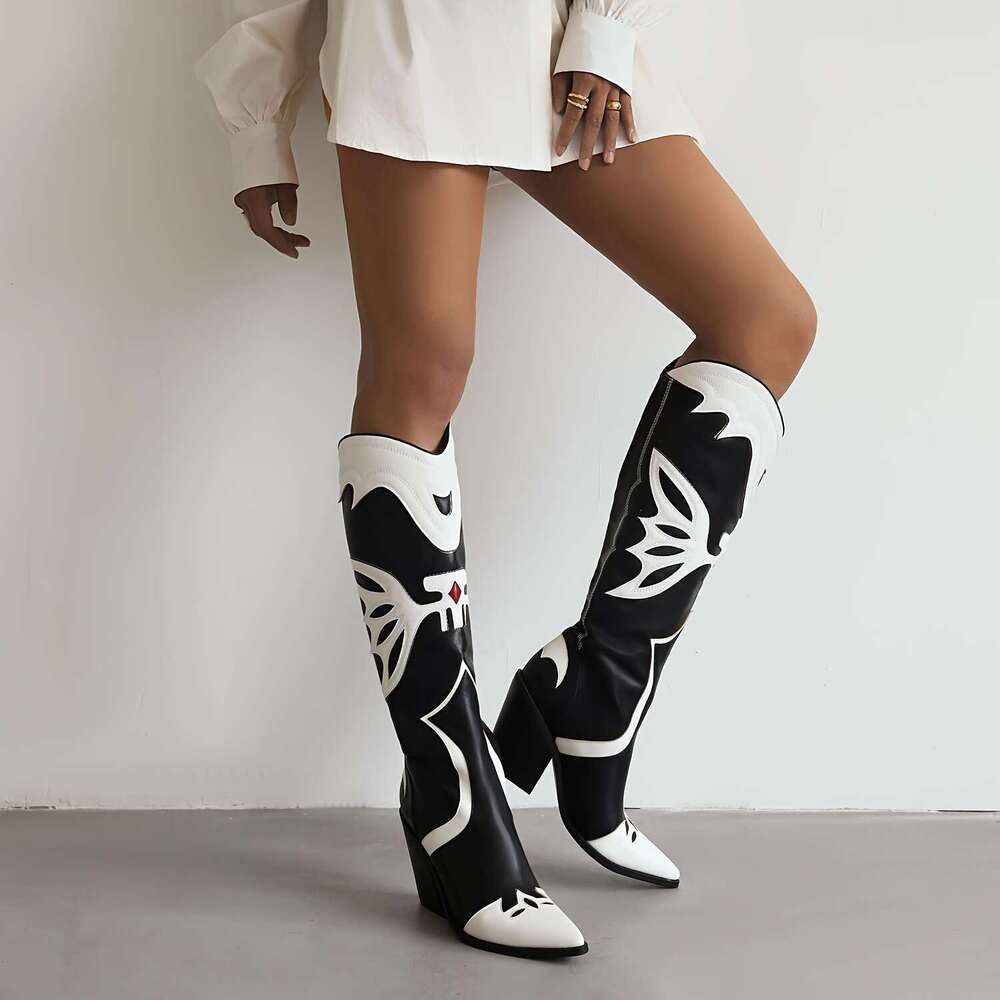 1Pr Women's Western Cowboy - Casual Geometric Pattern, Pointed Toe, Block Heel, Slip-On Knee-High Boots With Rubber Sole, PU Upper & Superfine Fi