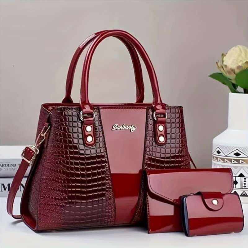 Genuine Handbag Parent Bag Genuine Leather Crocodile Pattern New Fashion Large Capacity Women's Handbag, Stylish Three-Piece Set, Mother-Daughter