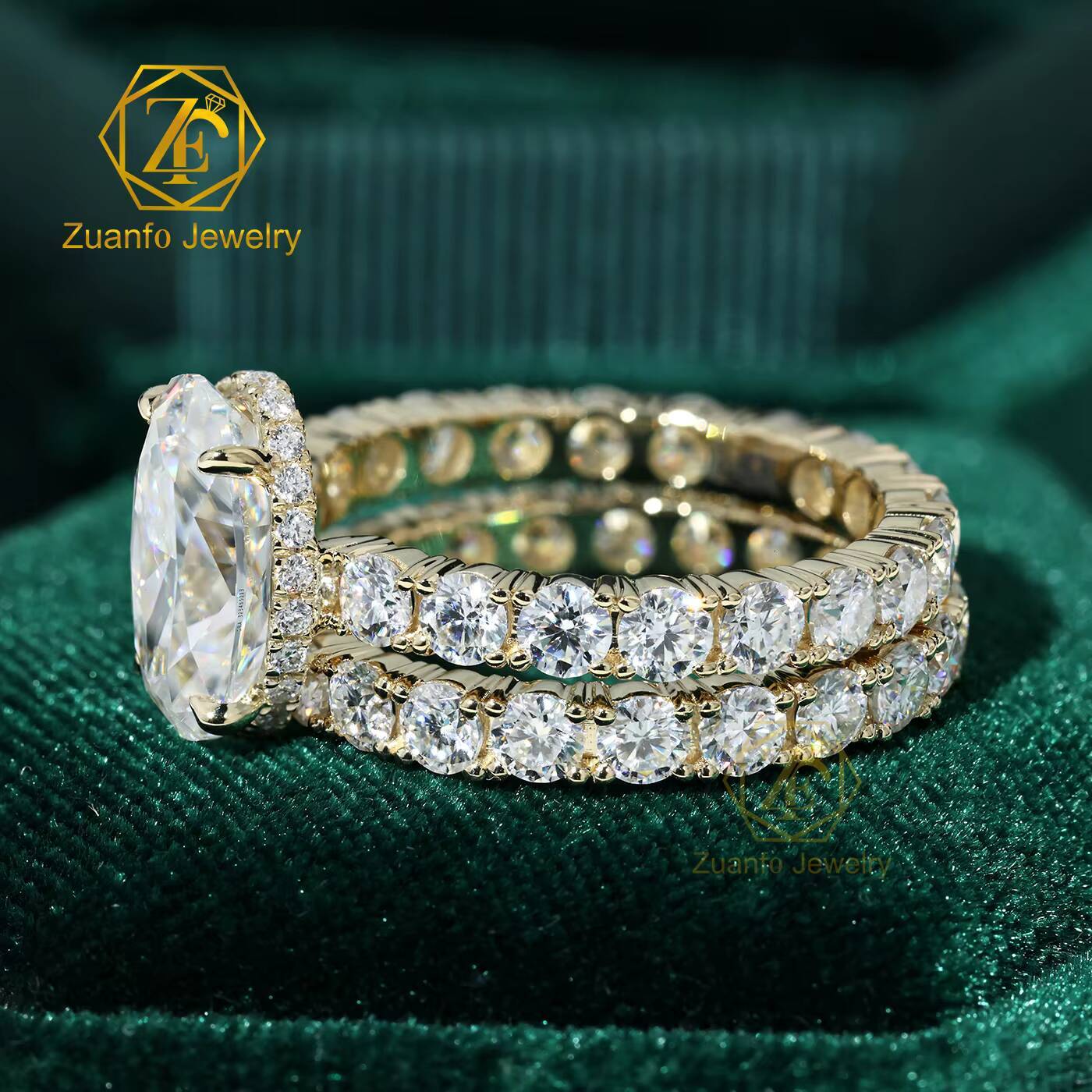 Custom 925 Silver 10K 14K 18K Solid Gold Oval Moissanite Wedding Ring Set Claw Setting Full Eternity Band Couple Ring