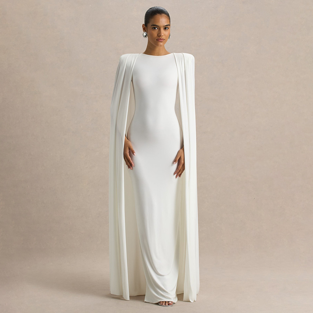 European and American designer style autumn and winter new banquet party women's evening dress solid color round neck pleated shawl slim and eleg