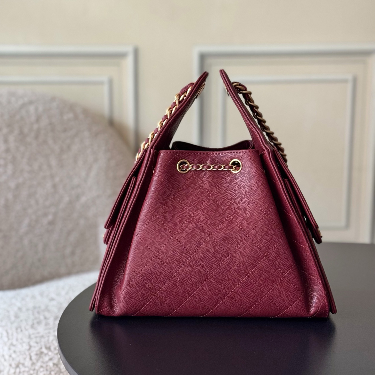 9A Designer Caviar Leather Bucket Bag - Vintage Coin Buttons & Chain Strap Drawstring Handbag for Women