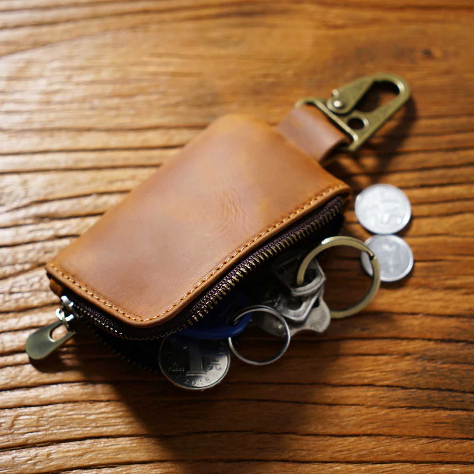 Genuine Leather Zipper Case for Coin Purse Key Organizer Card Holder Slim Mini Wallet with Keychain for Women Men Z251023