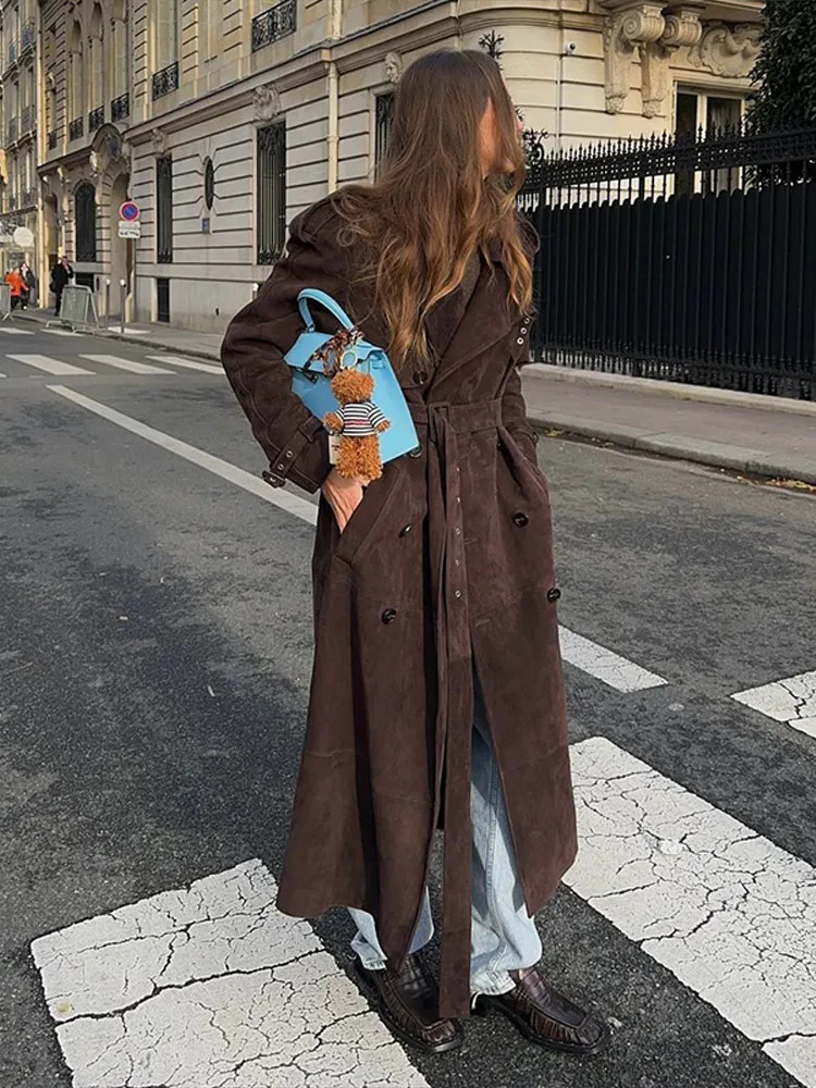 Vintage Brown Suede Jacket for Women Double Breasted Turndown Collar Outerwear with Belt Autumn Casual Office Lady Coats 251021