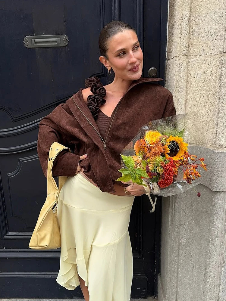 Women Casual Solid Short Suede Jacket Fashion Chic Lapel Zipper Pocket Loose Jackets Lady Autumn Daily Commute Street Coat 251021