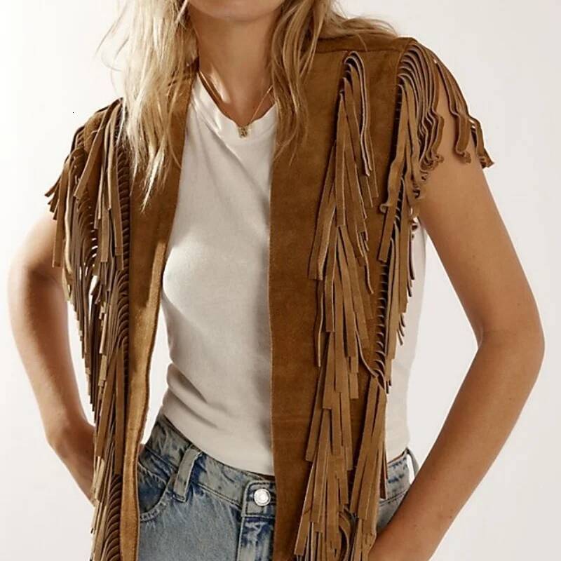 Women Tassel Vest Y2K Sleeveless Fringe Wide Eyes Suede Collar Shawl Open Front Boho Western Jacket Cardigan dongdumaoyi
