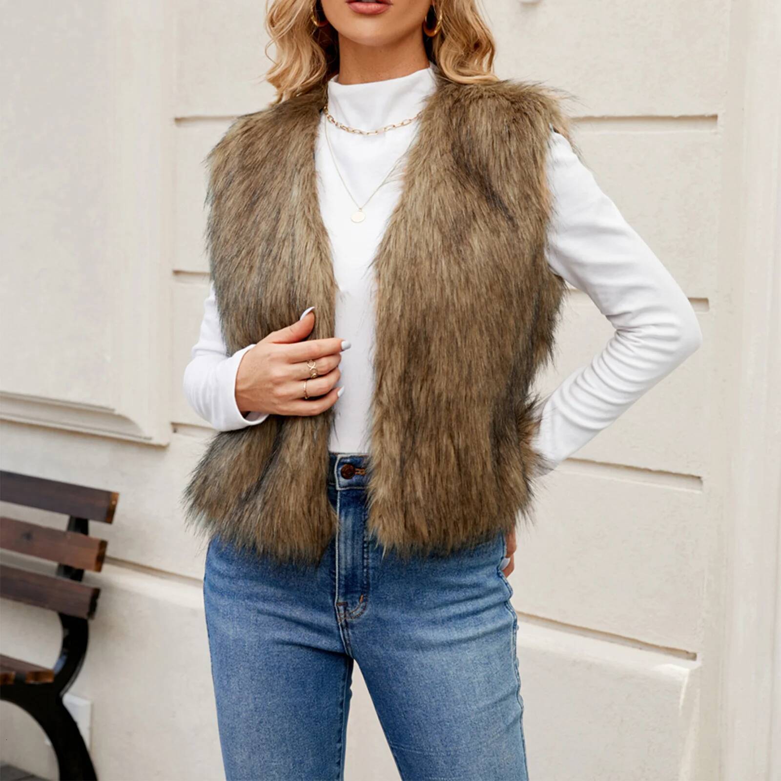 Women Open Front Jackets Outwear Gilet Streetwear Fashion Solid Color Sleeveless Faux Fur Vest dongdumaoyi