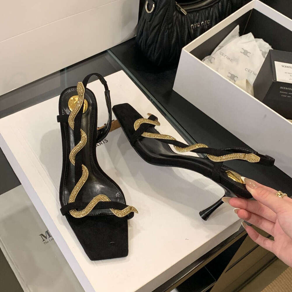 2025 New Style Designer Shoe One-Strap High Heels Elegant Rhinestone Snake-Shaped Open-Toe for Women Thin Heel Sandals