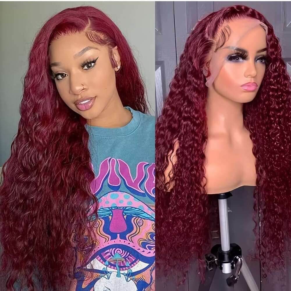 Nw Yar's Spcial Offr 99j Bury 180 Dnsity Lac Front Wigs Pr Pluckd Rd Curly Human Hair Wig 13x6 HD Frontal Glulss Colord Wt And Wavy Loos Watr