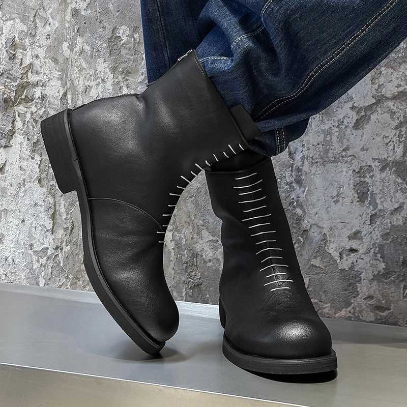New Fashion Mens Ankle Boots Outdoor Personalized HighTop Shoes Business Motorcycle Boots Sliding Mens Leather Walking Boots W251024