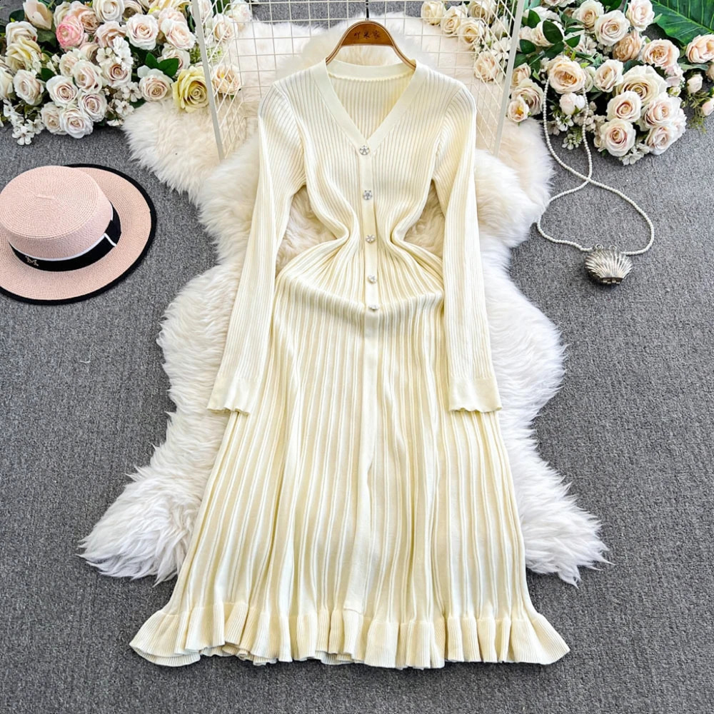 YuooMuoo 2025 Autumn Winter Women Knitted Long Dress Fashion Vneck Slim Waist Pleated Sweater Dress Lady Office Vestidos 251023