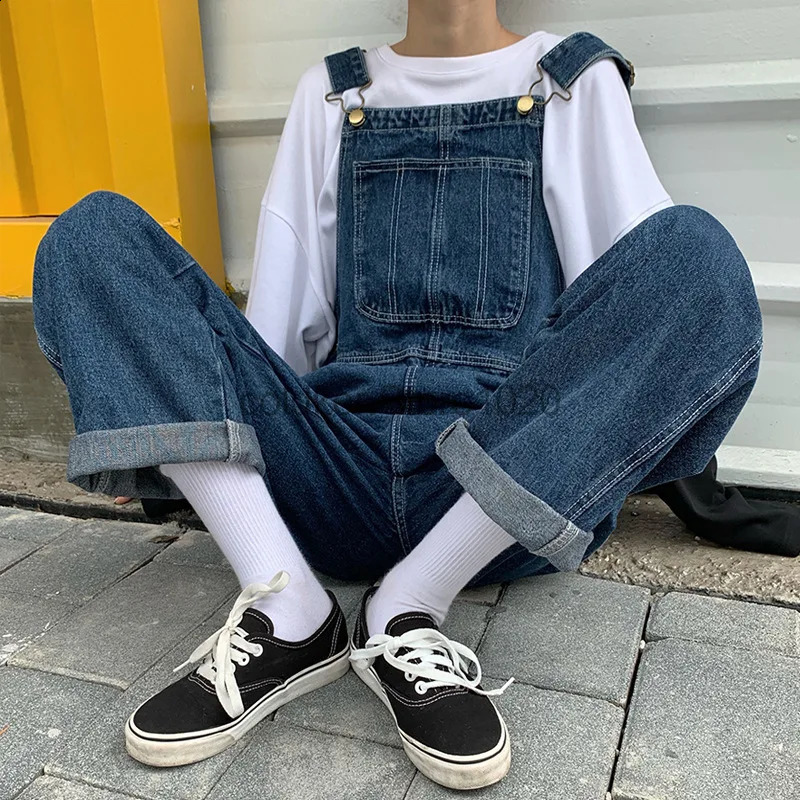 Mens Denim Overalls Casual Multiple Pockets Loose Splice Straight Rompers Fashion Adjustable Suspenders Jeans For Male 251018