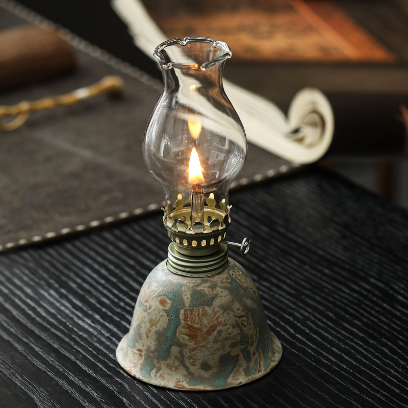 Ceramic Oil Lamp with Adjustable Wick - Vintage Hurricane Lantern for Indoor & Outdoor Use, Desk Decor, Camping Fuel Light (Kerosene Not Included), No