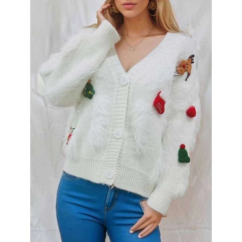 Autumn Winter New Christmas V-Neck Sweater Fashionable Elegant Loose Fitting Single Breasted Cardigan Jacket For Women