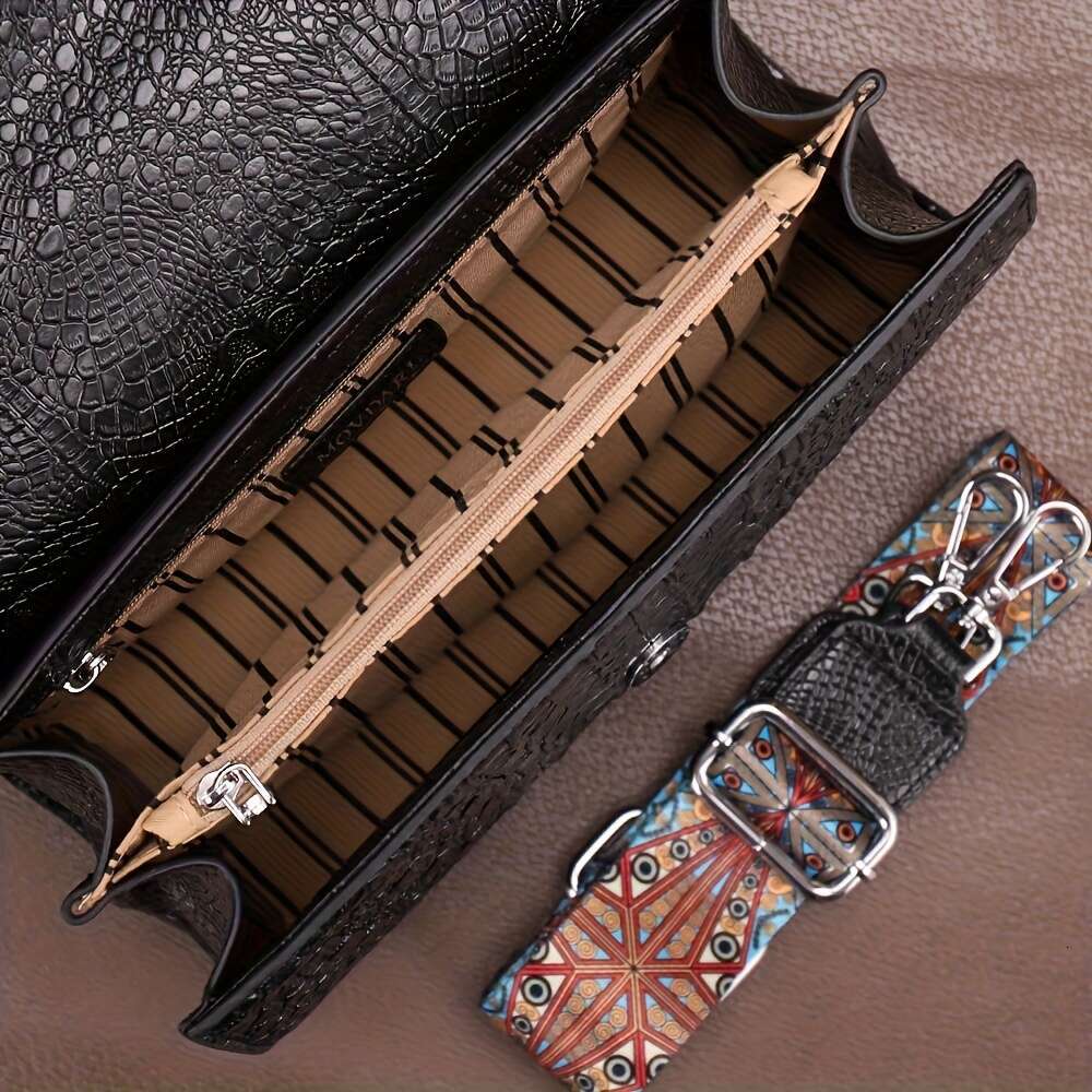 Vintage Crocodile Pattern Handbag For Women, Solid Color Crossbody Messenger Bag With Removable Strap, Magnetic Closure, Polyester Lined, Edge Paint D