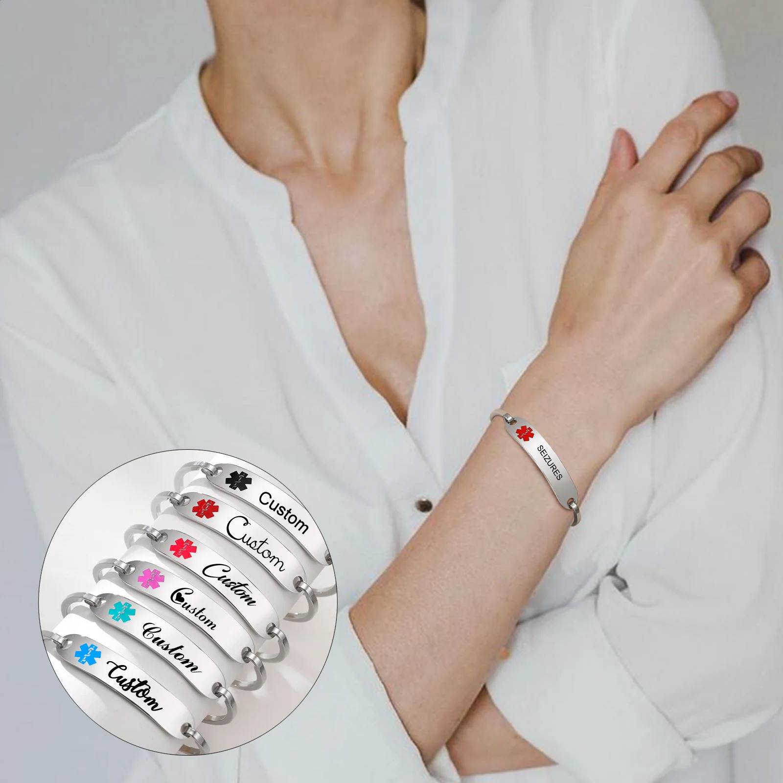 Free Personalized Alert ID Bangle Bracelet for Women Customzied Engraved Emergency Bracelet Diabetes Epilepsy 251014