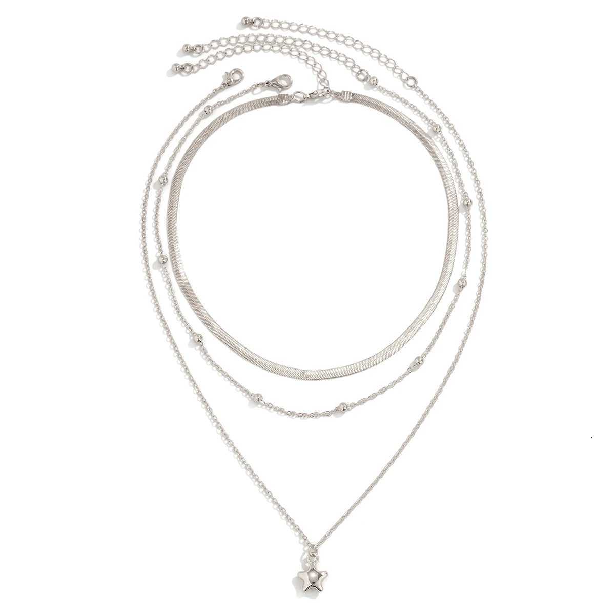 KunJoe 3pcsset Punk Silver Color Copper Bead Flat Snake Chain Necklace for Women Vintage Star Pendant Necklace SetXJ251024