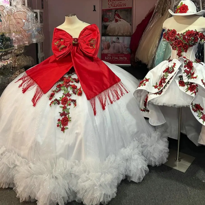 White 2 In 1 Embroidery Quinceanera Dresses Ball Gown Short Dress With Detachable Skirt Sweet 15 Anos Mexican
