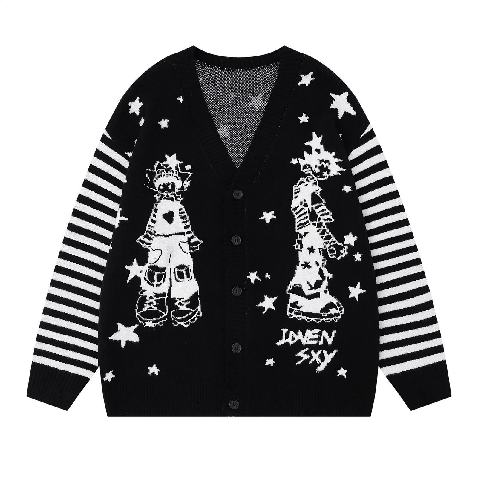 2025 Autumn Winter Harajuku Retro Anime Cartoon Jacquard V Neck Sweater Cardigan Casual Mens and Womens Knitted Jacket Coat 251015