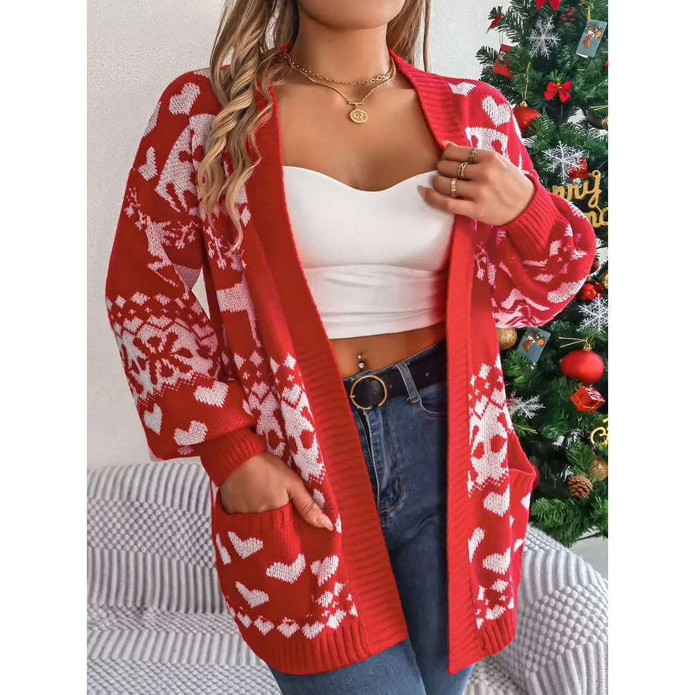 2025 Autumn Print Christmas Sweater Winter Women Casual Cardigan Lady Loose Long Sleeve Knitted Coat Outwears