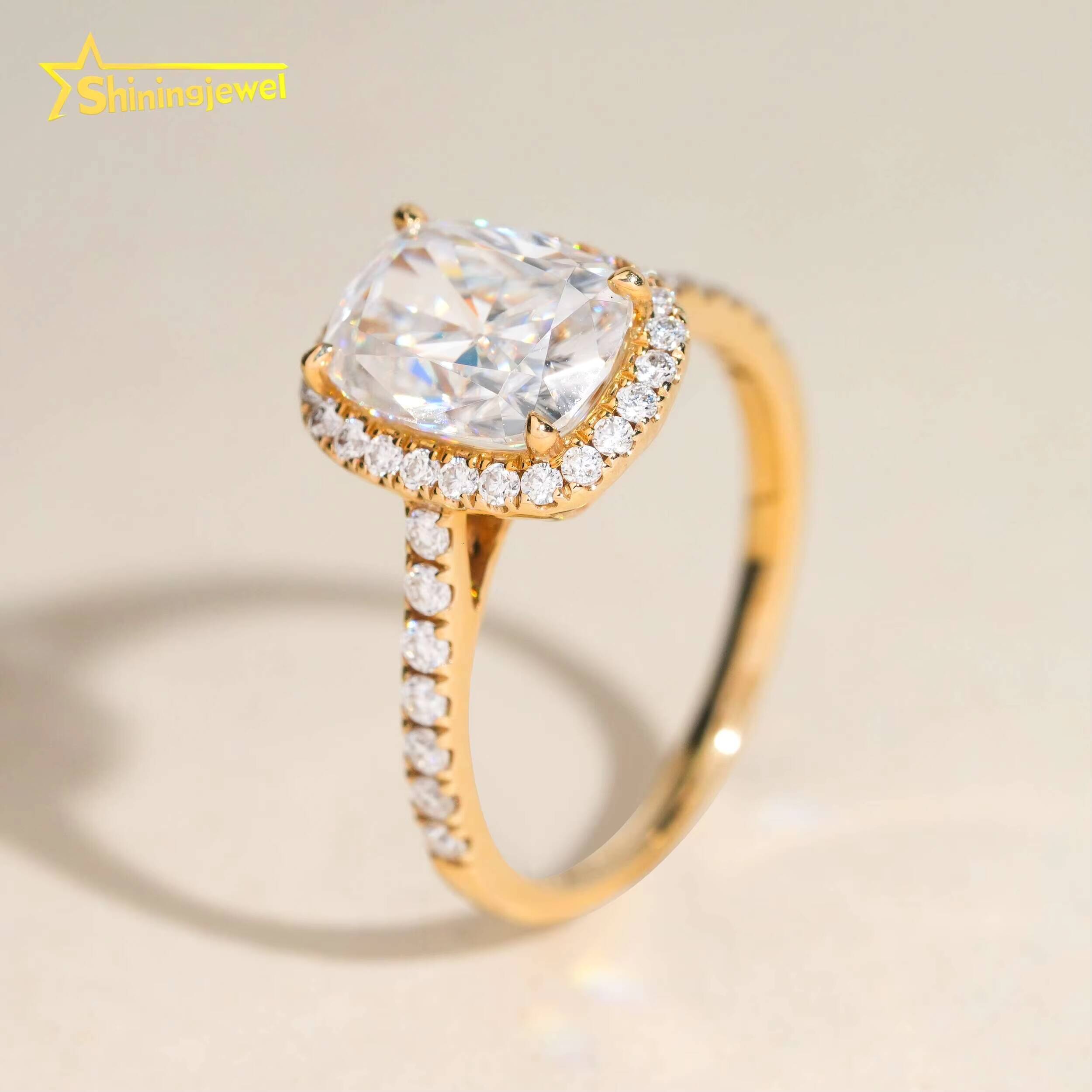 14k Solid Gold Engagement Wedding Pass Diamond Test Long Cushion Cut Moissanite Lab Diamond Cluster Design Ring for Women