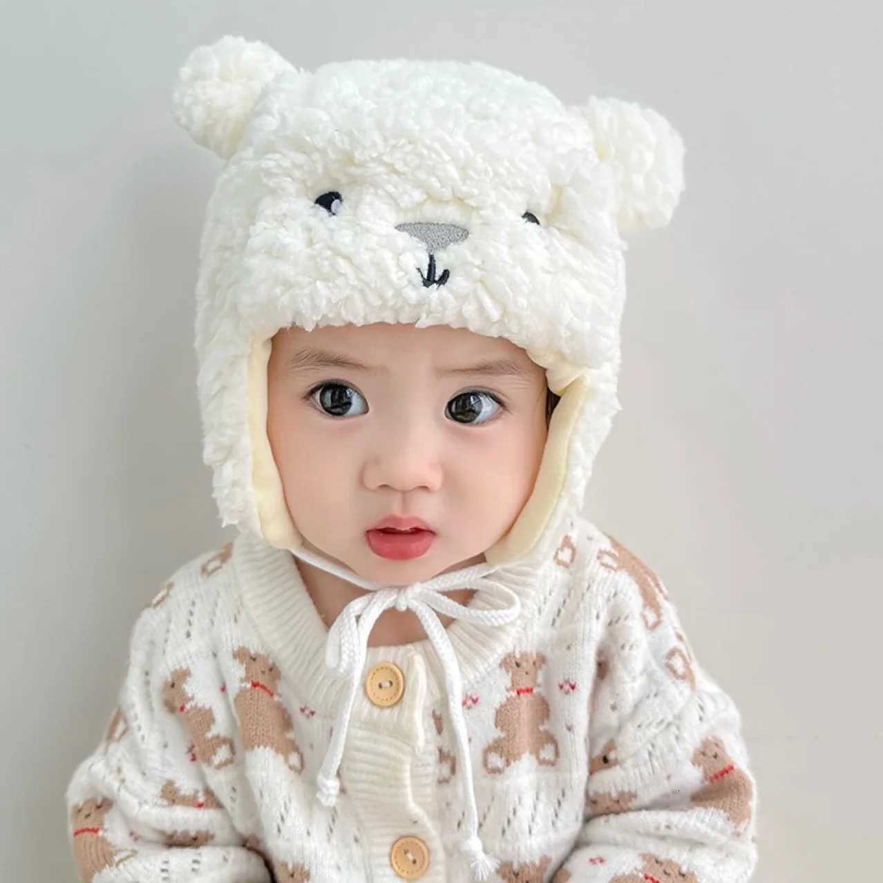 Lamb Fleece Baby Ear Protection Hat Cute Bear Kids Earmuffs Cap 312M Infant Winter Warm Headgear Bonnet Cartoon Plush BeaniesL251024