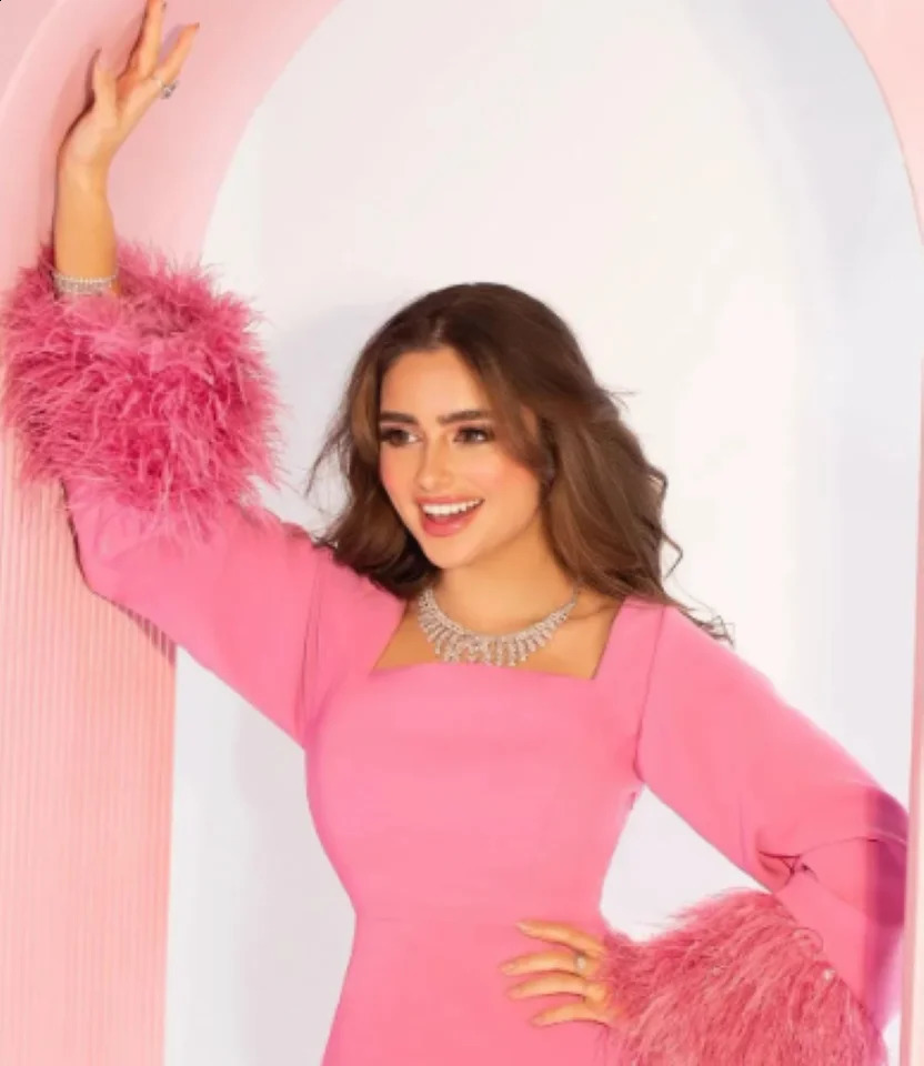 Othray Square Neck Long Sleeve Slit Women Elegant Formal Party Evening Gown vestidos de gala Pink Prom Dress Feathers 251023