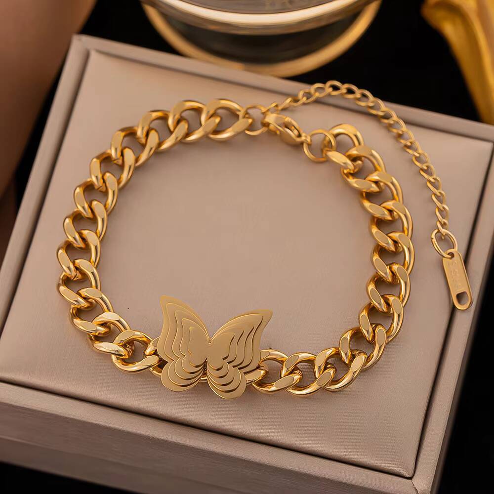 High Quality Wholesale 2024 New European and American HipHop Star Butterfly Flower Cuban Titanium Steel Bracelet