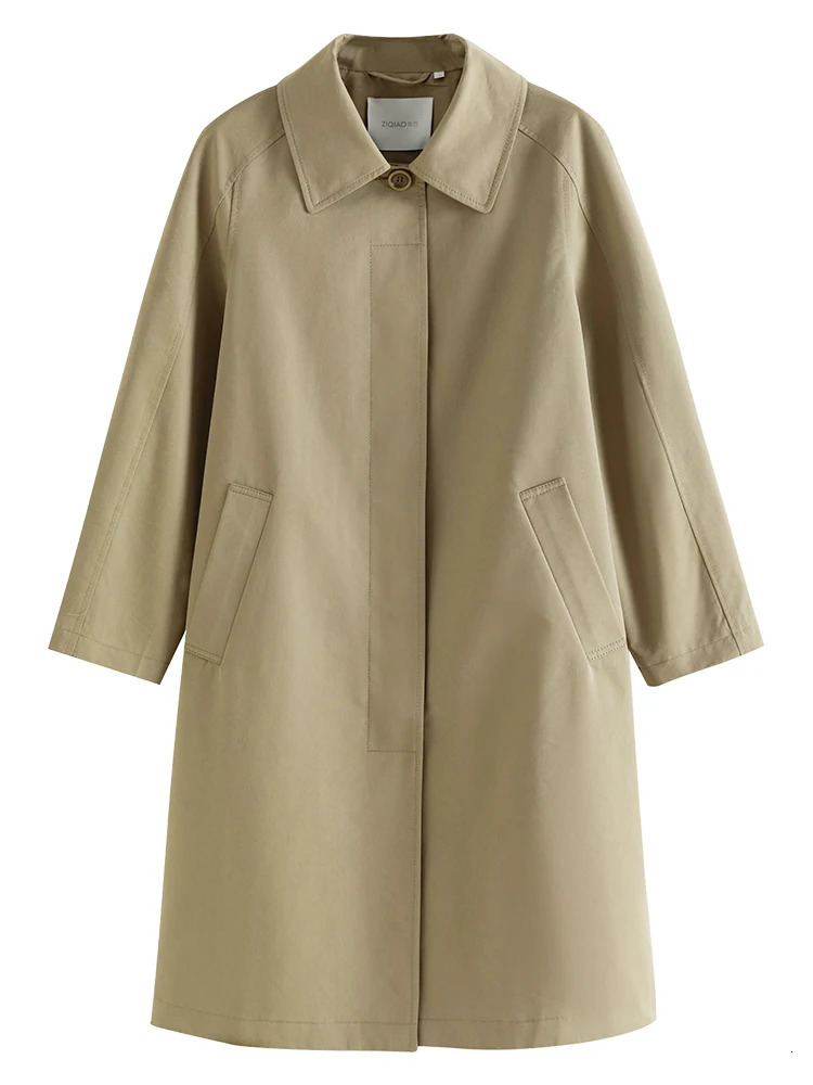 ZIQIAO Korean Style Midlength Khaki Windbreaker for Women Spring Singlebreasted Simple Casual Trench Jacket Female 251021