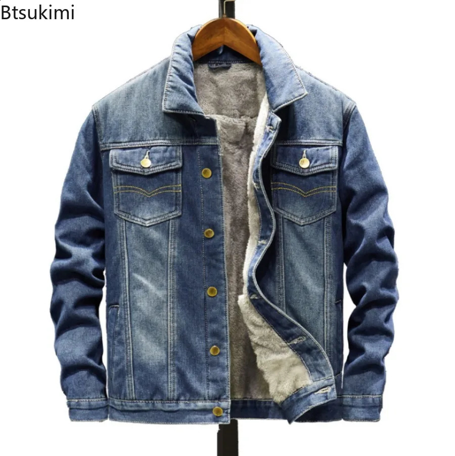 Mens Autumn Winter Plush Liner Denim Jackets Fashion Single Breasted Cardigan Coats Loose Casual Thicken Warm Retro Jacket Male 251017