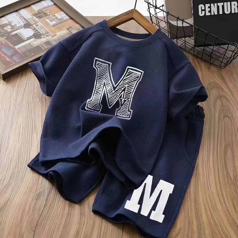 Free Shipping Boys Short Sleeve Set 2025, Loose Fit Comfortable and Breathable Summer Outfit, Fashion Printed Casual Two-Piece