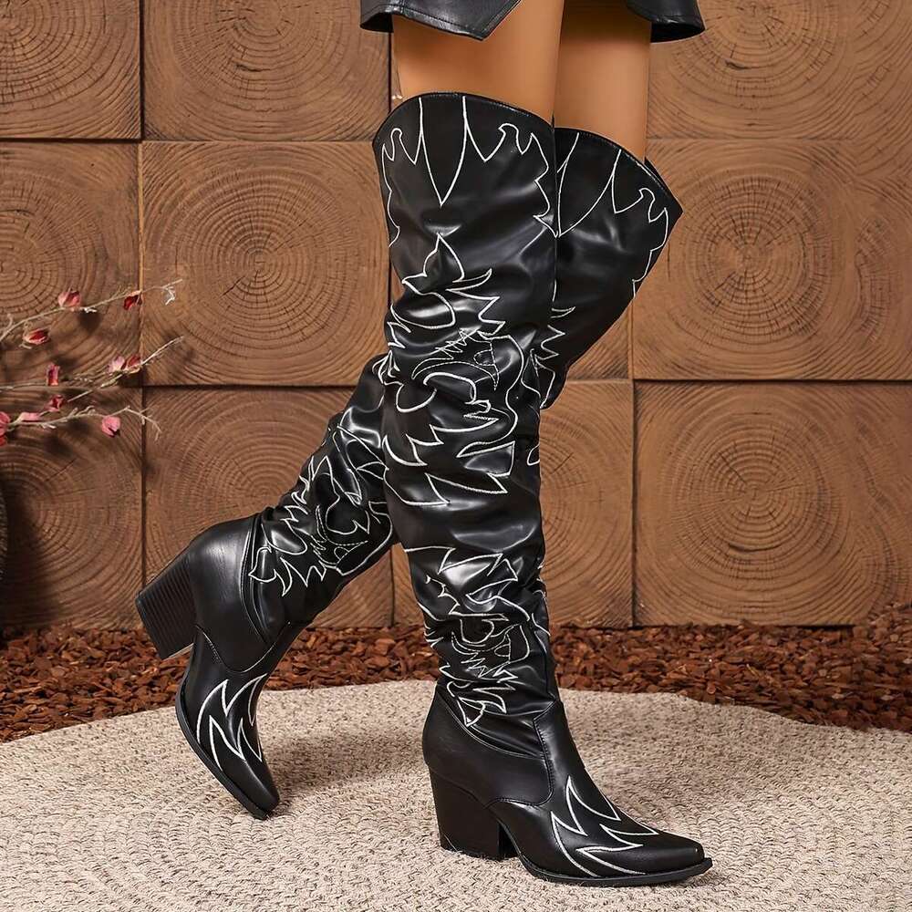 Women's Retro Embroidered Over-The-Knee Boots - Slip-On Chunky High Heel, Toe, Faux Cover With Fabric Lining Rubber Sole For Music Festivals & Bo
