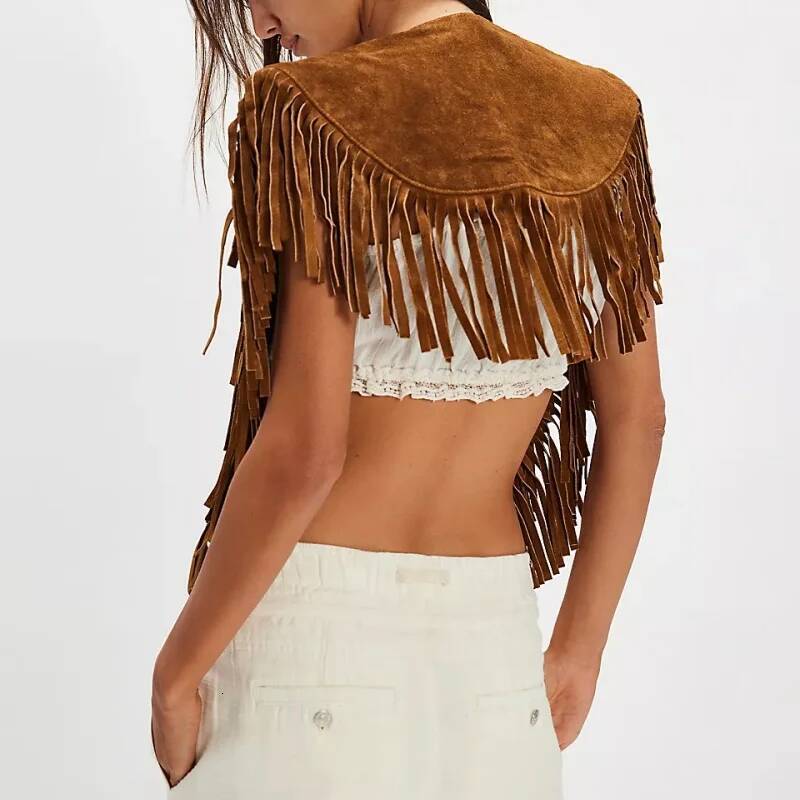 Women Tassel Vest Y2K Sleeveless Fringe Wide Eyes Suede Collar Shawl Open Front Boho Western Jacket Cardigan dongdumaoyi