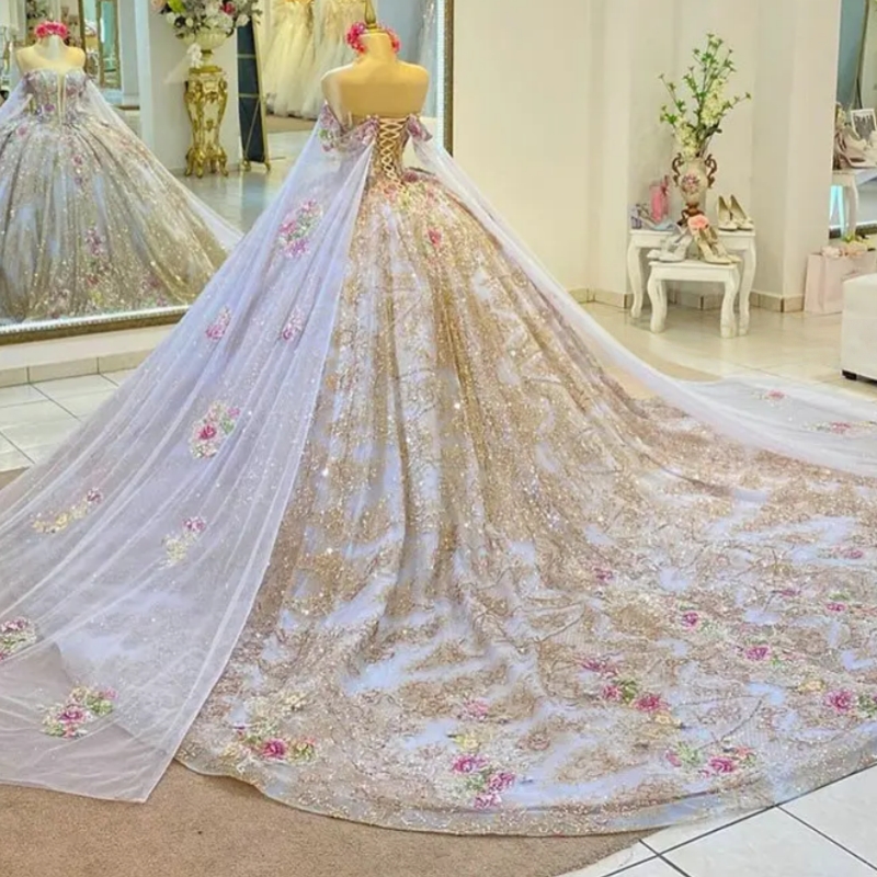 Champagne Glitter Crystal Sequined Ribbons Quinceanera Dresses Ball Gown Illusion Floral Appliques Lace Sweet 15 Anos Mexican
