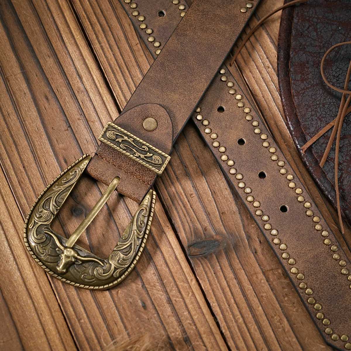 Men Women Western Denim pu leather Belt Vintage jeans with floral carved buckle belt W251024