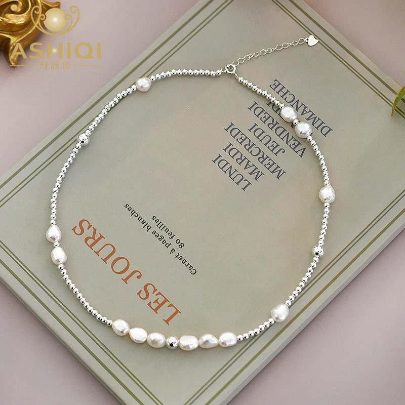 ASHIQI Natural Baroque Pearl Choker Necklace 925 Sterling Silver Jewelry for Women Trend 251016