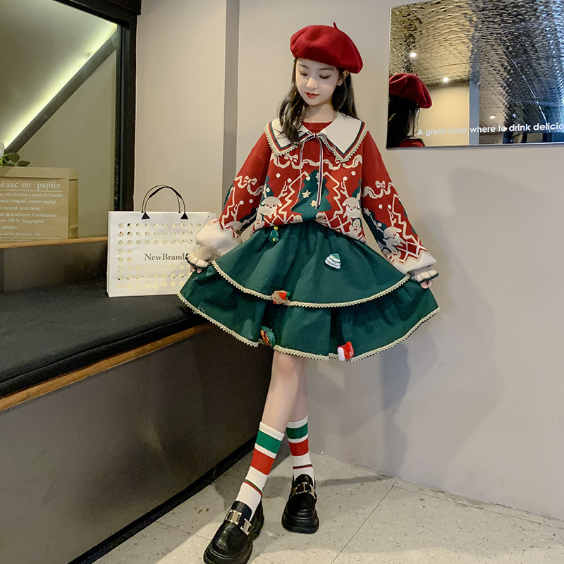 Girl Fashion Design Autumn/Winter Red Christmas Sweater Set New Fashionable Big Kids Winter Cake Skirt Two Piece Set