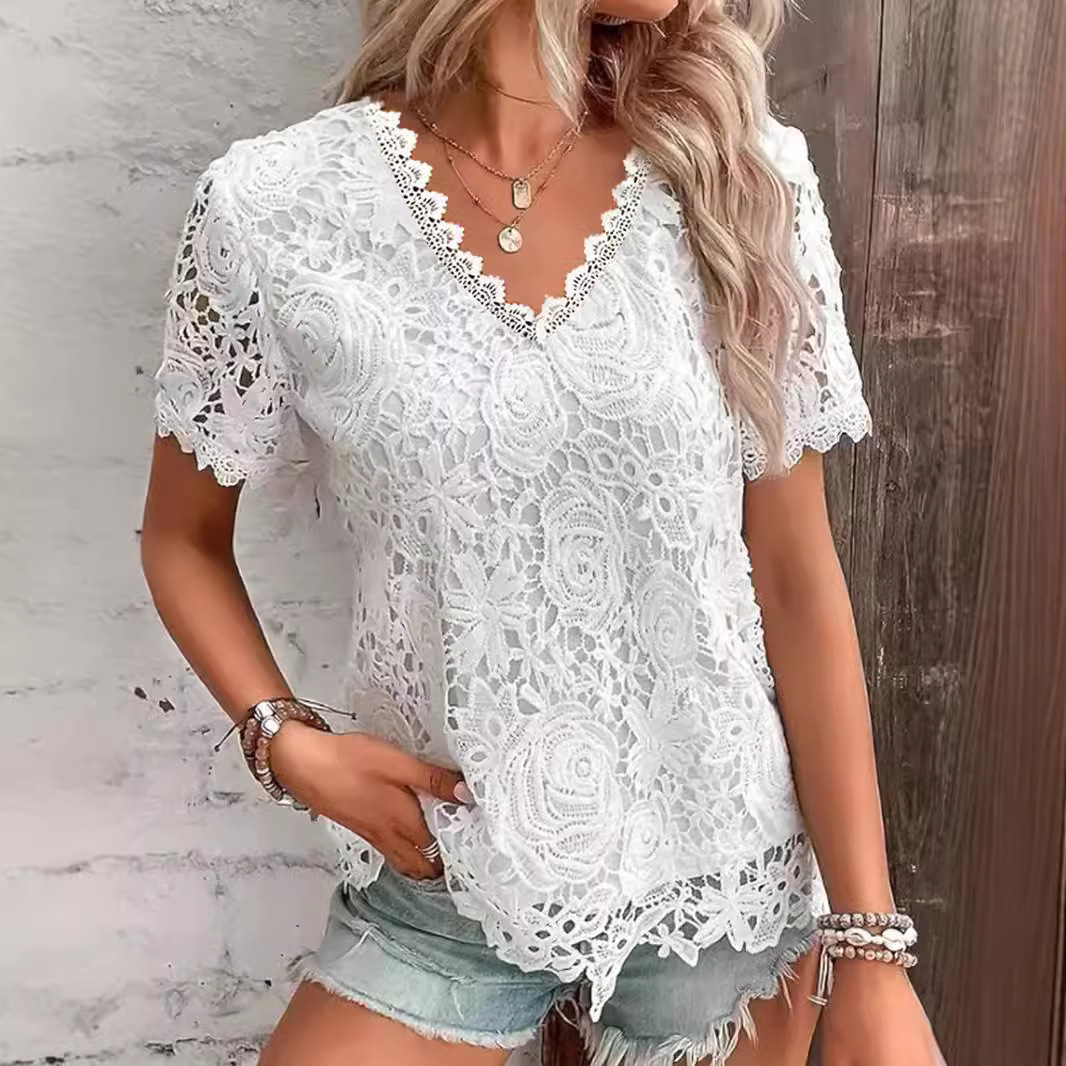 2025 New Women's Fashion Top T-Shirt Lace Trim Short Sleeve