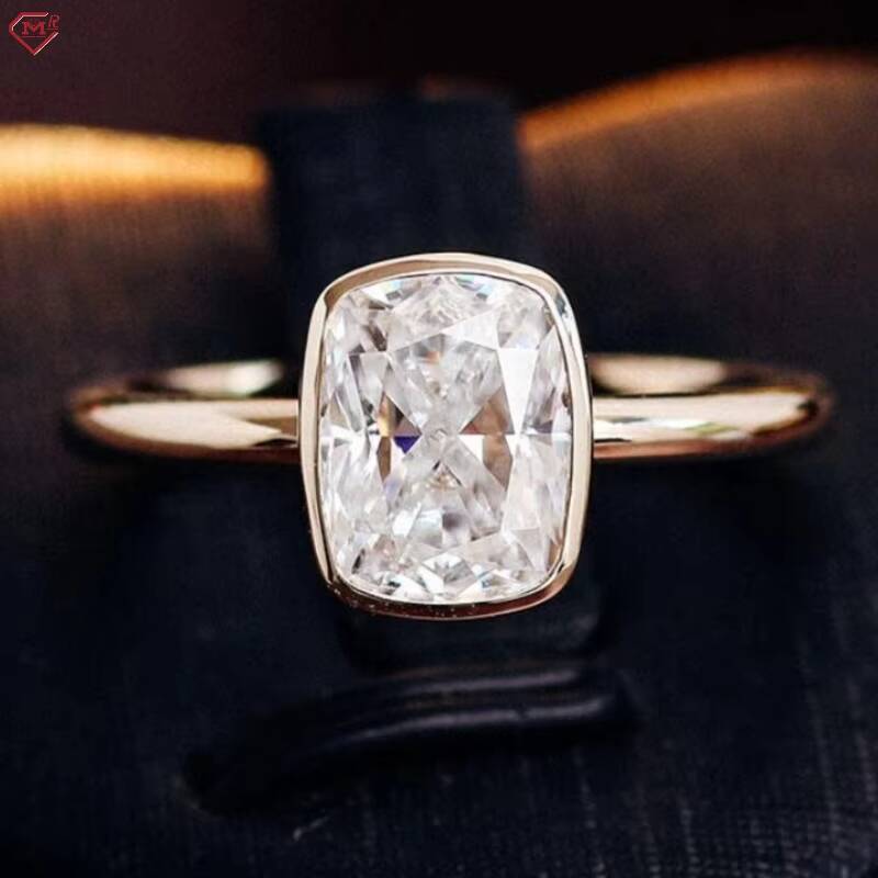 14K Gold Moissanite Engagement Ring Solitaire Women VVS Elongated Cushion Cut Bezel Setting Moissanite Ring