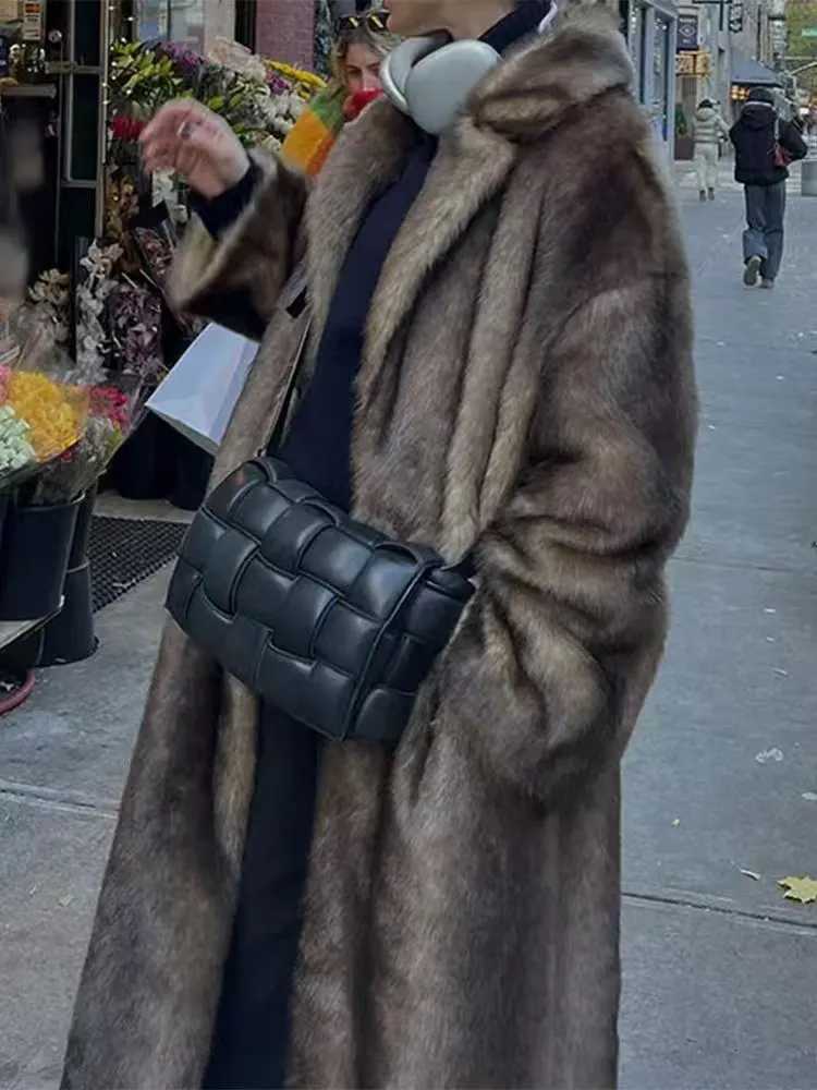 Luxury Highend Fluffy Women Chic Faux Fur Long Overcoat Dark Brown Winter Warm Trench Coat Thick Fur Jacket Windproof Outerwear H251024