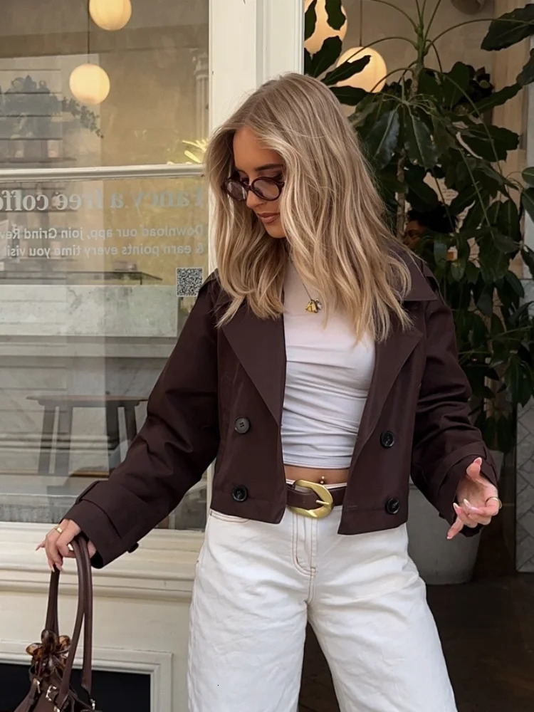 Brown Double Breasted Short Trench Coats Women Casual Lapel Long Sleeve Pocket Cropped Jackets Lady Commute Office Street Wear 251021