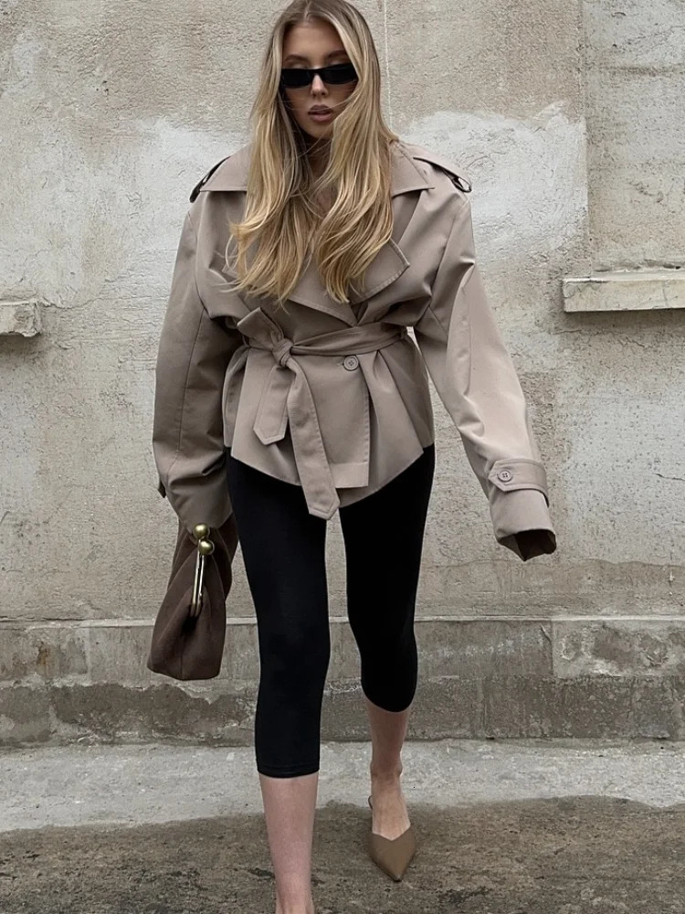 Womens Wide Shoulder Windbreaker Coat Autumn Laceup Lapel Long Sleeve Jackets Fashion Daily Commute Office Lady Outerwear 251021