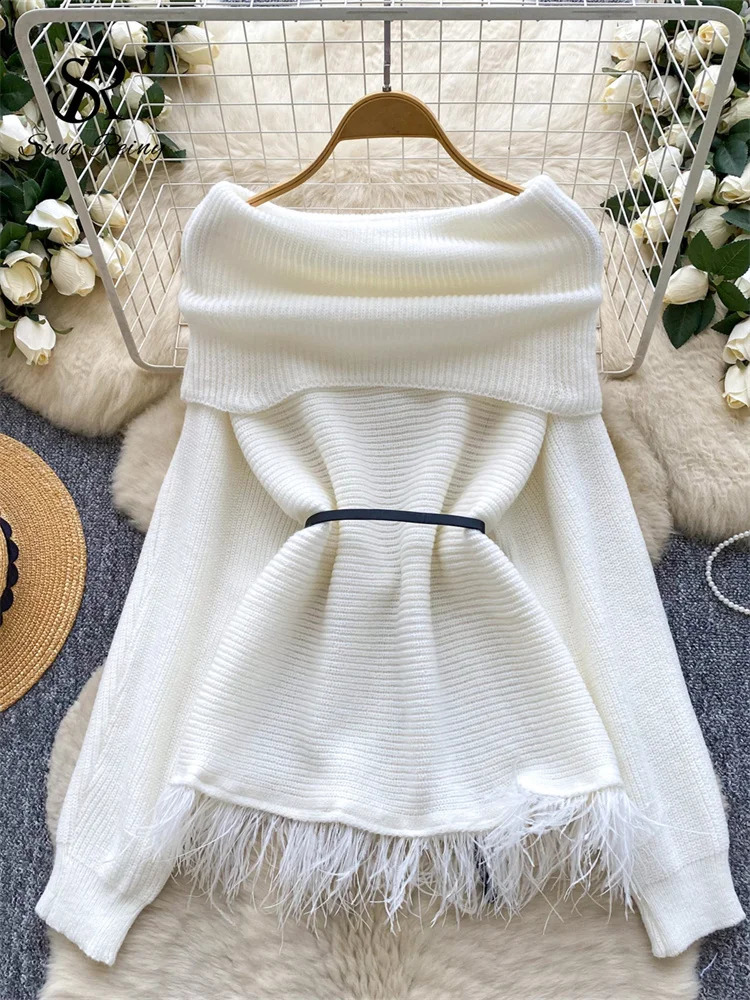 SINGREINY Autumn Versatile Elegant Tassel Sweater Women Long Sleeves Sashes Winter Knitted Top Off Shoulder Trend Thick Pullover 251023