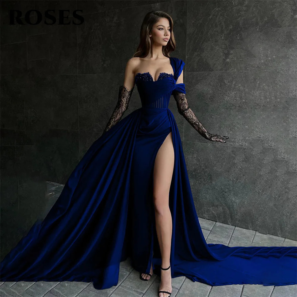 ROSES Red Side High Split Mermaid Evening Dresses One Shoulder Prom Dresses Sweetheart Stain Formal Occasion Dress Customized 251023