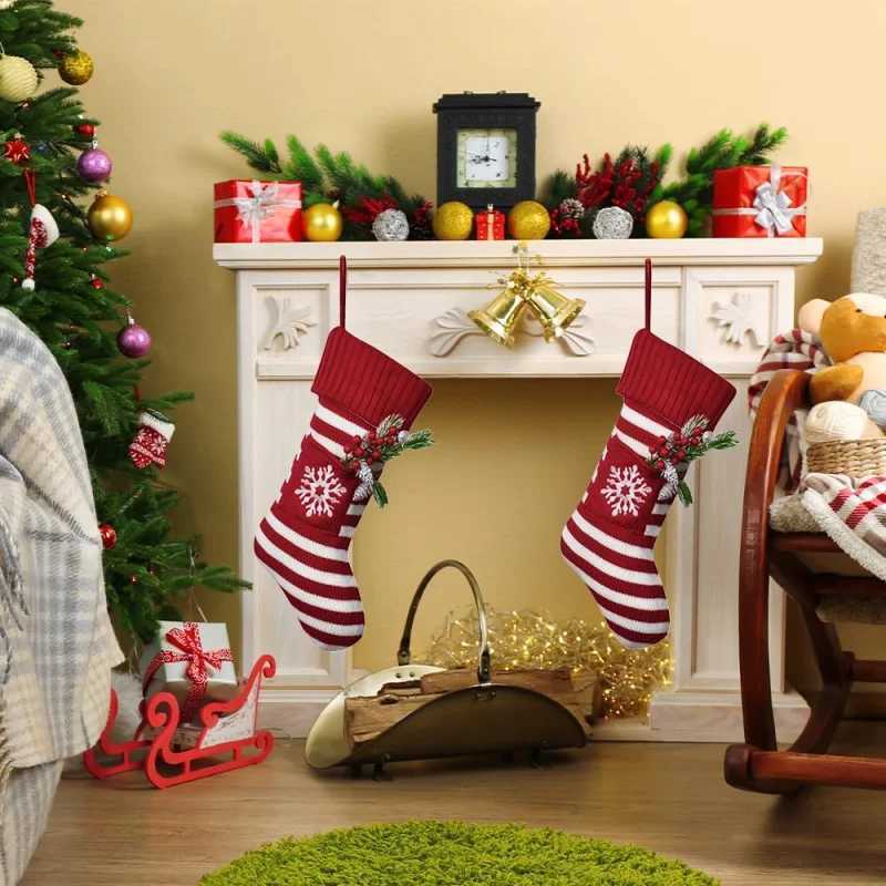 Christmas Stocking Fireplace Hanging Sock Knitted Long Socks Striped Christmas Gift Storage Bag Home Decor Party Present J251024