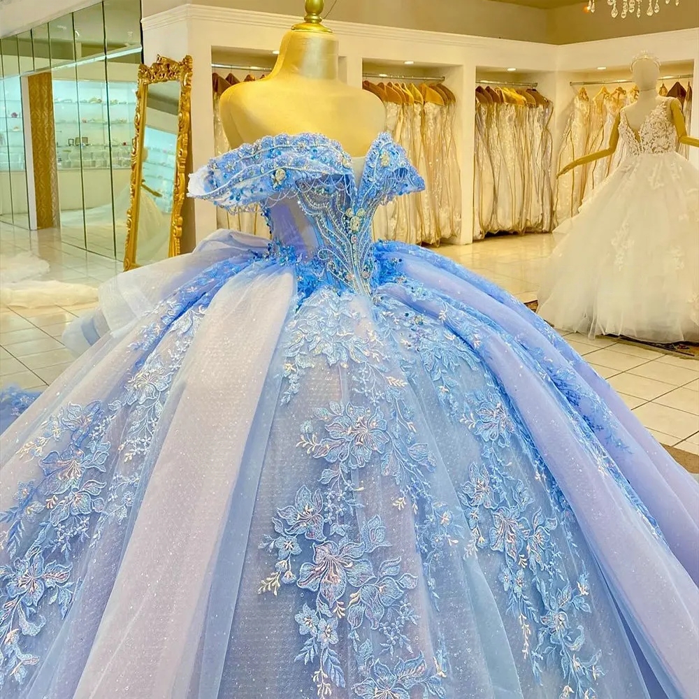 Light Blue Floral Appliques Lace Quinceanera Dresses Ball Gown Beading Crystal Ruffles Sweet 15 Anos Mexican