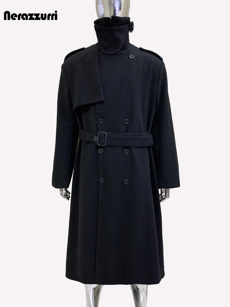 Nerazzurri Autumn Winter Long Oversized Black Warm Woolen Coat Men Belt Chic Clothes Wool Blends Overcoat 2024 251015