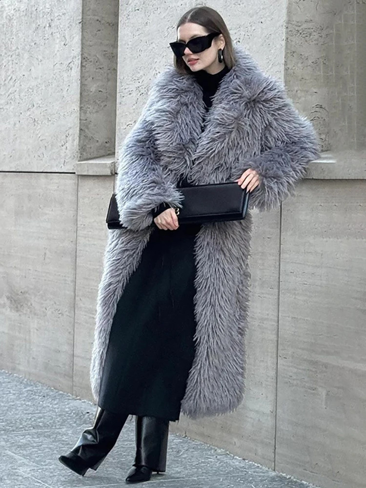 DEAT Fashion Gray Long Fur Coat Womens Lapel Loose Sleeves Plush Thick Overcoat Winter 7A1438 251018