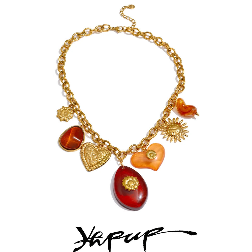 Yhpup Red Resin Oval Heart Sun Drop Necklace Golden 316L Stainless Steel Summer Charm Collar Jewelry Waterproof 2025 251016