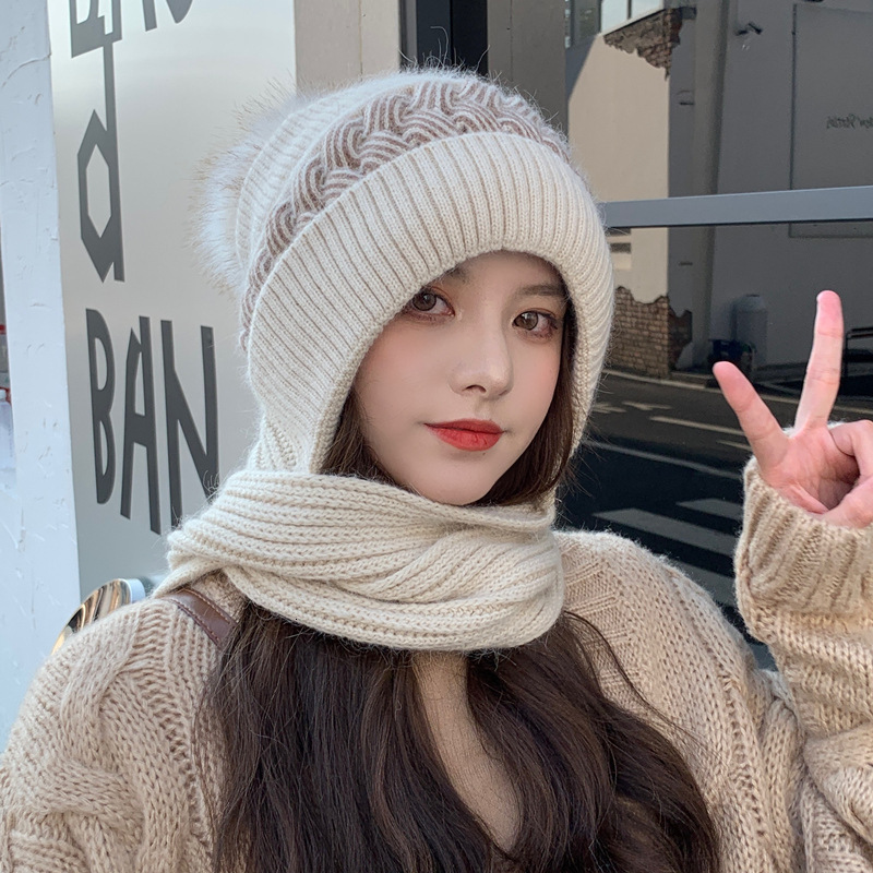 for Women Autumn Cute Hat Knitted Cold Ear Neck Protection Thickened Wool Scarf Integrated Winter Warmth